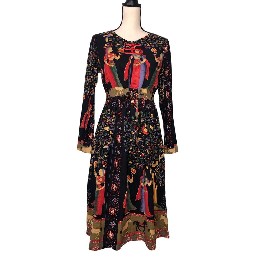 Gracila Cotton Folk Art Graphic Dress Size M Frog Closure Lagenlook Boho Fall